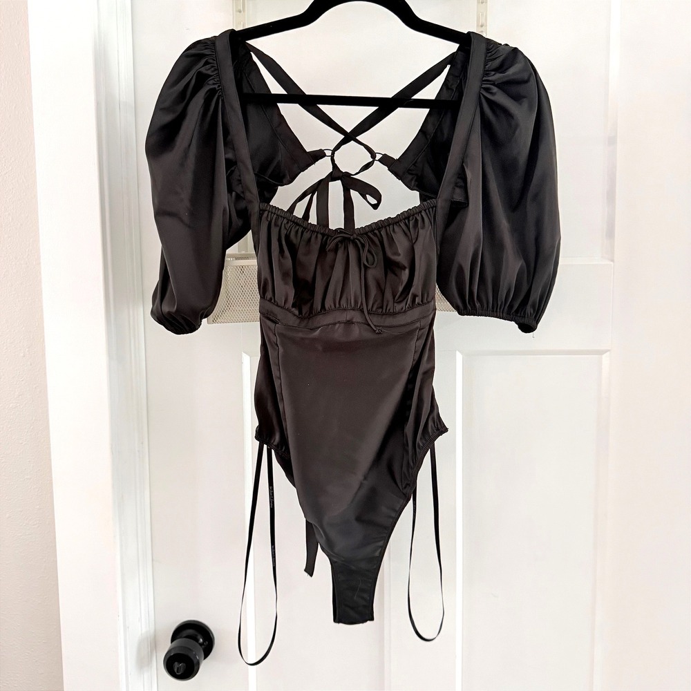 For Love & Lemons Dany Bodysuit Black Satin Puff Sleeve Strappy Open Back Sexy S